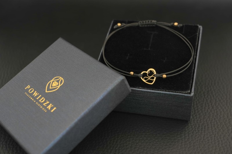 Bransoletka czarna sznurkowa serce z nieskończonością – złoto 585.jpg