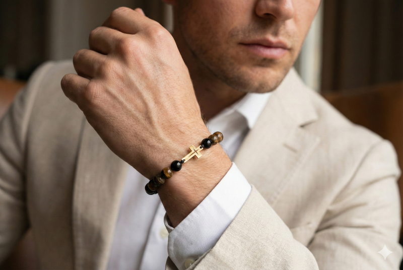 Bransoletka złoty krzyż z naturalnymi kamieniami.png