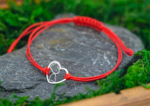 Srebrna Bransoletka Dwa Serca na Czerwonym Sznurku