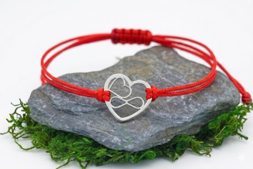 Srebrna Bransoletka na Czerwonym Sznurku- Serce z Nieskończonością 